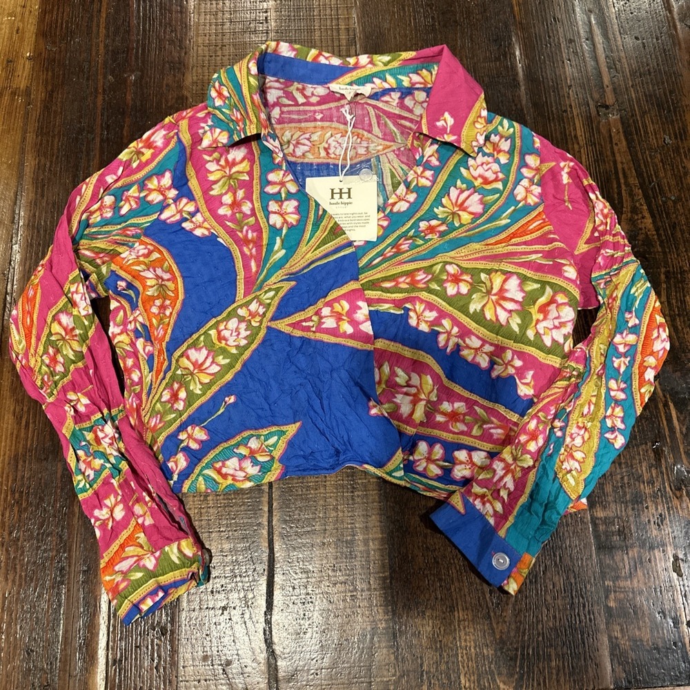 Haute Hippie Floral‎ Long Sleeve Crop Blouse Shirt Size M Boho Multicolor